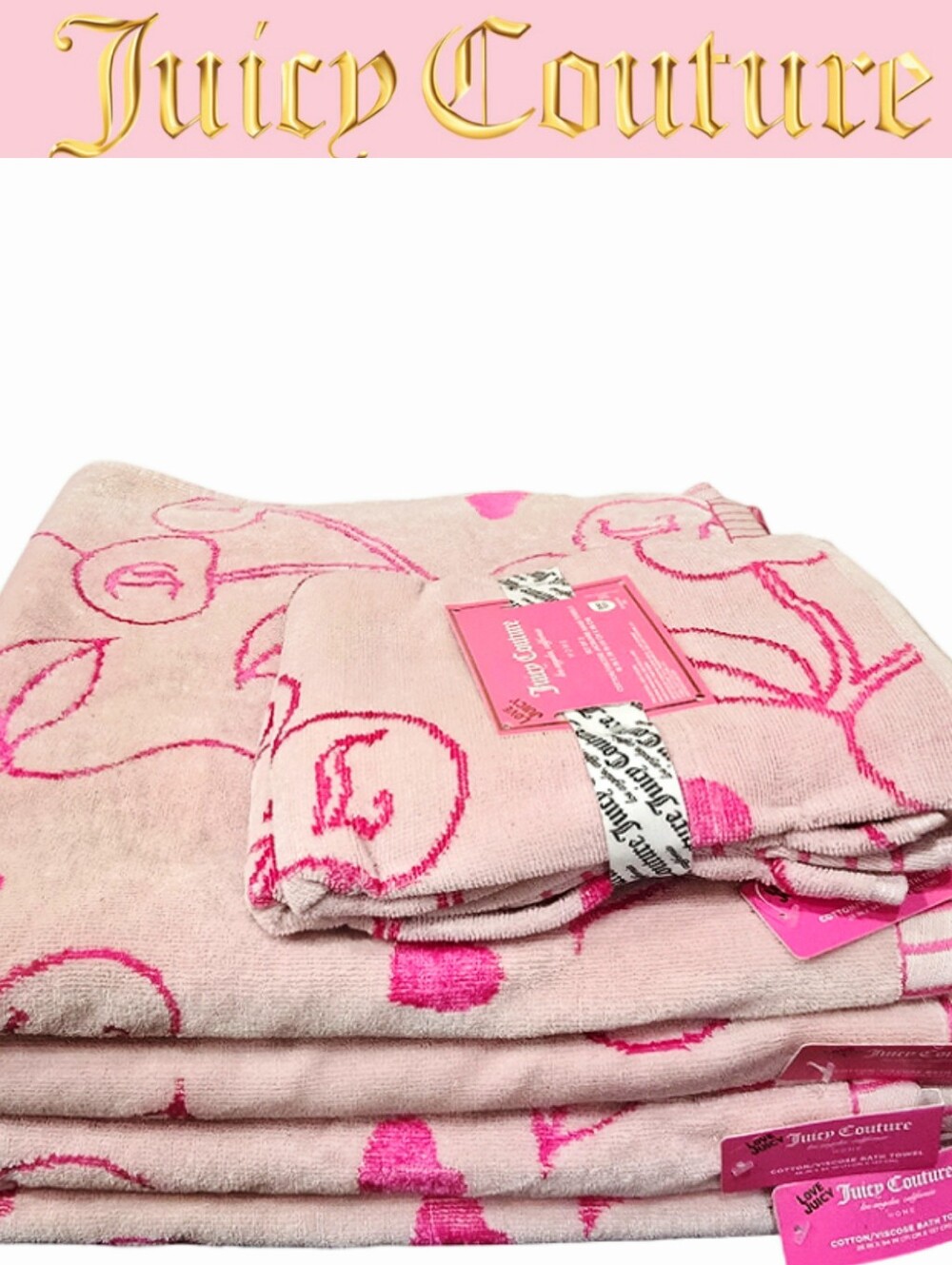Juicy Couture Home JC Logo Cherries Plush Viscose Jacquard Bath Towel Set